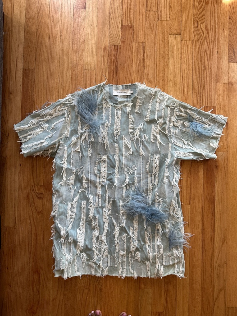 Light Blue Textured Midi Dress with Feather Detailing